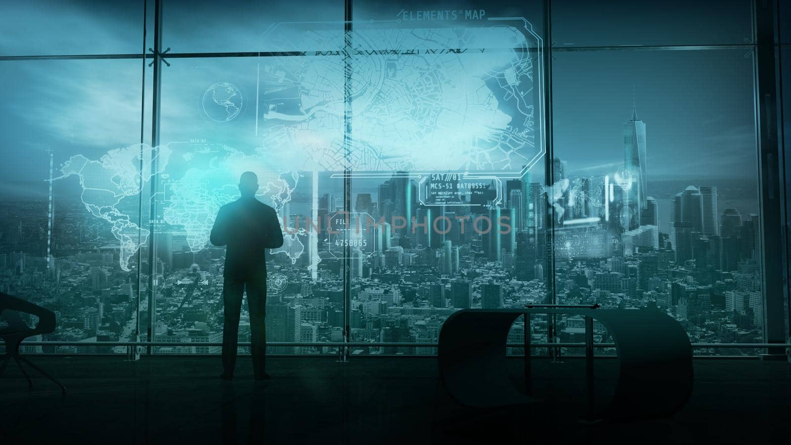 A man works with a holographic geolocation and search system while standing in his office. 3D render.