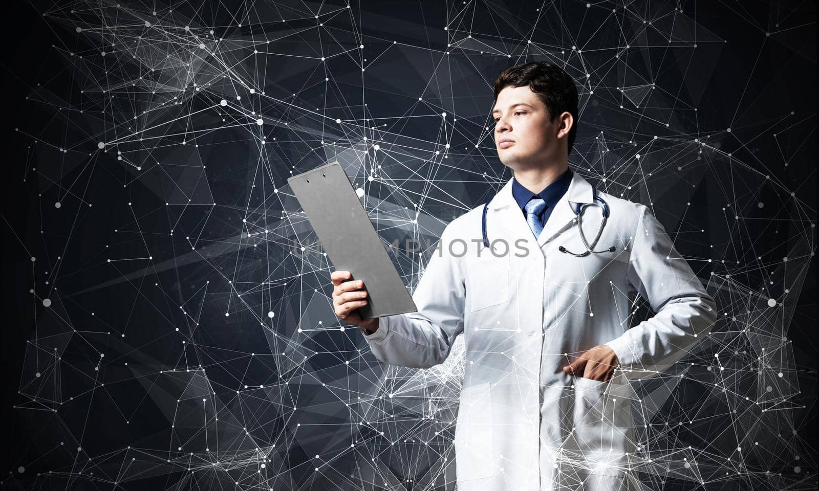 Doctor with tablet works with digital technologies