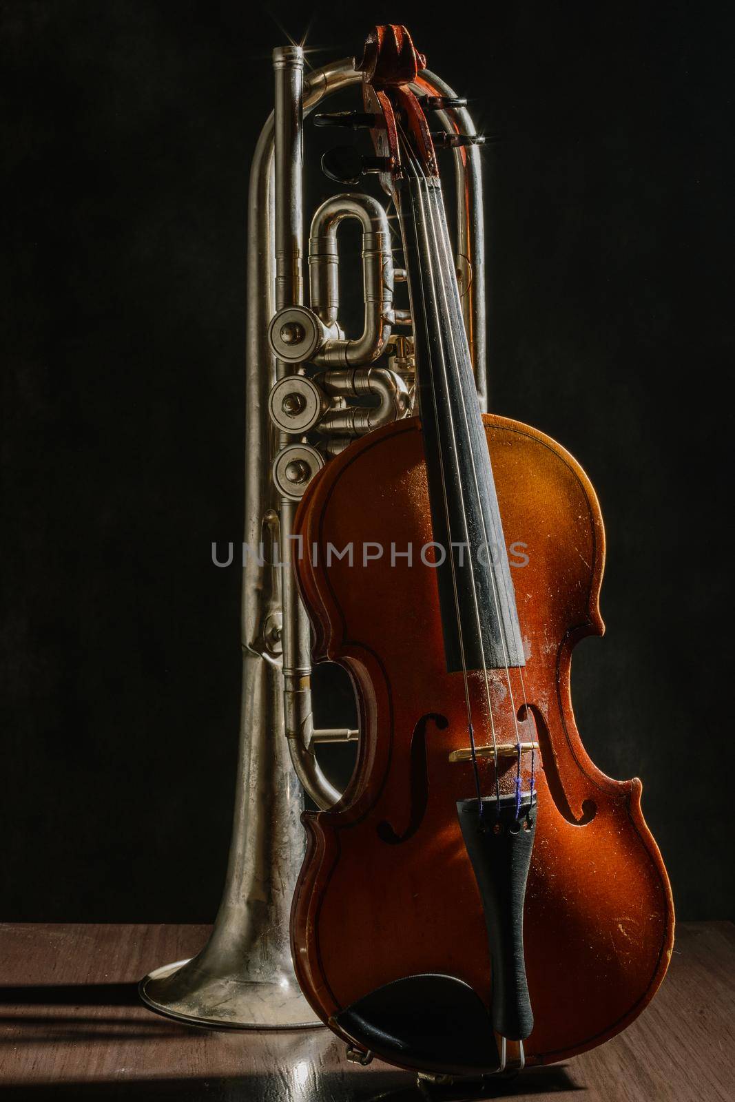 Old violin and trumpet on a black background.