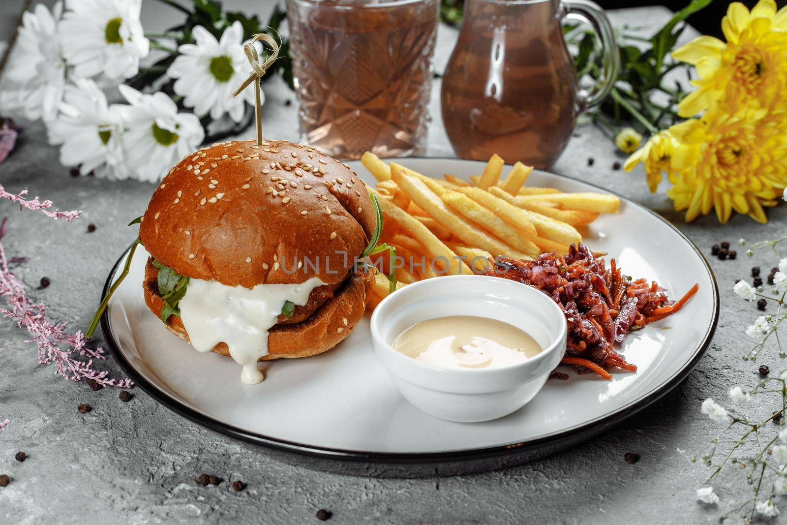 burger with fries and sauce on a white plate by UcheaD