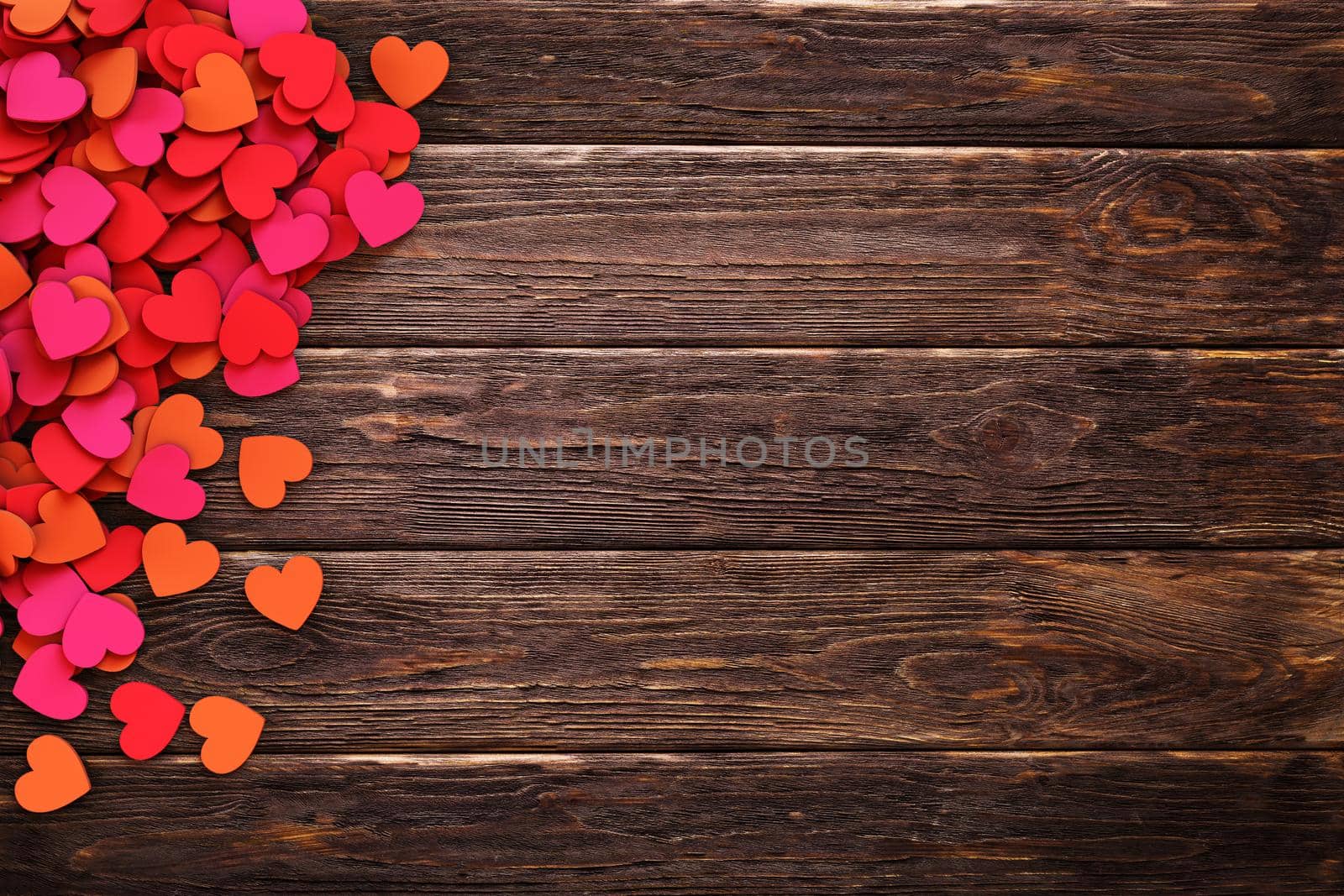 Love hearts on vintage wooden background. Background texture of hearts. 3D rendering illustration