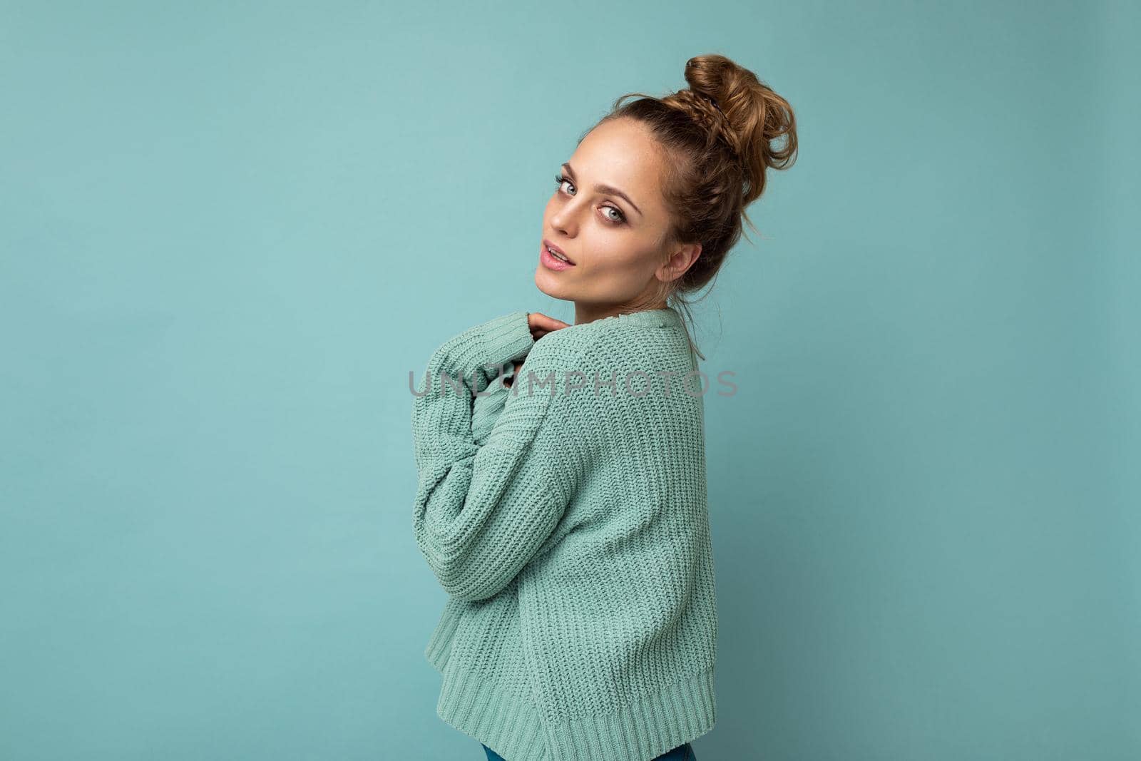 Close-up portrait of nice-looking attractive lovely lovable pretty cute winsome gorgeous cheerful cheery wavy-haired blonde woman isolated on pastel color background wearing stylish clothes by TRMK