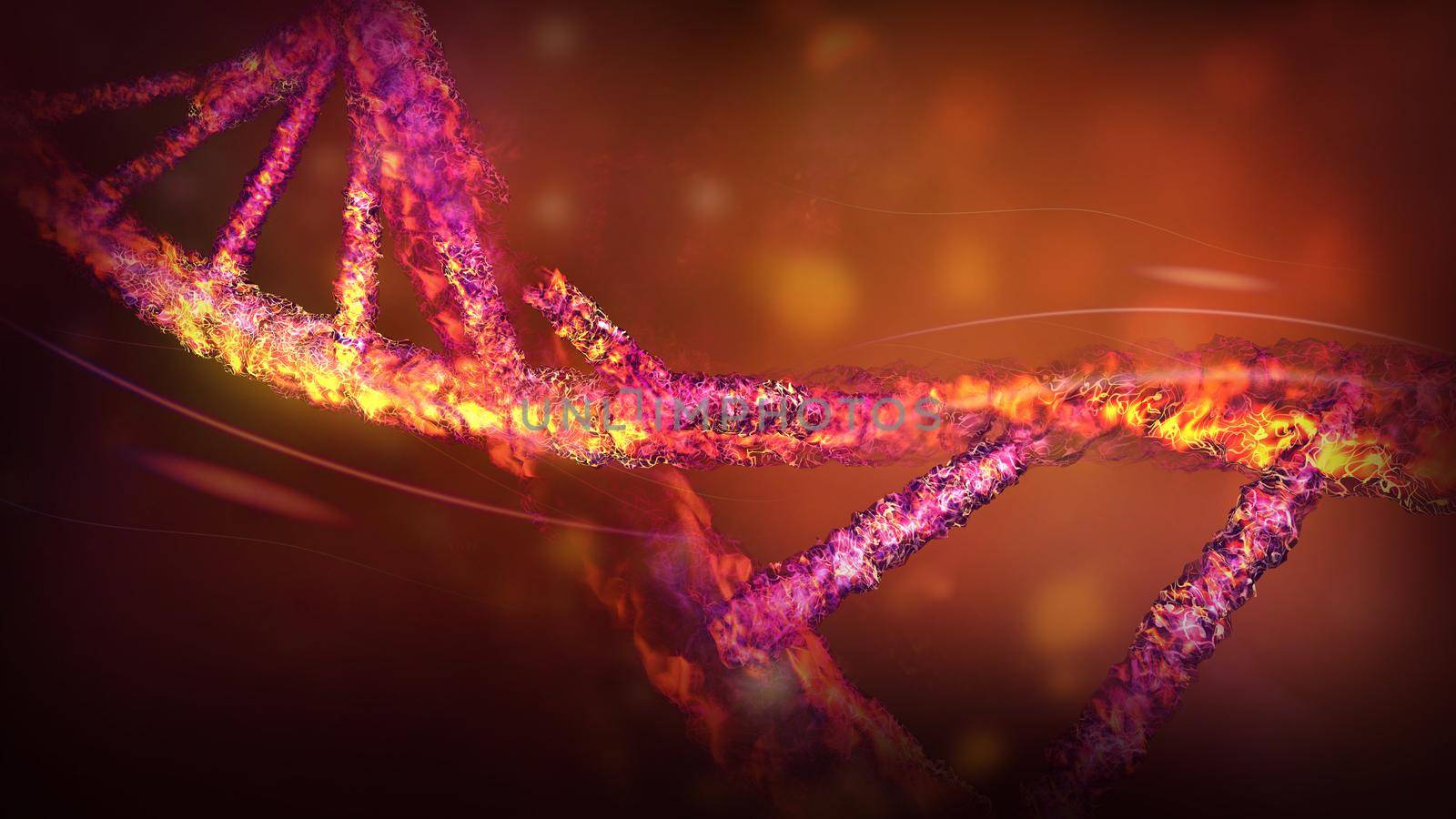 Close-up of the DNA strand structure destruction in abstract space. 3D render.