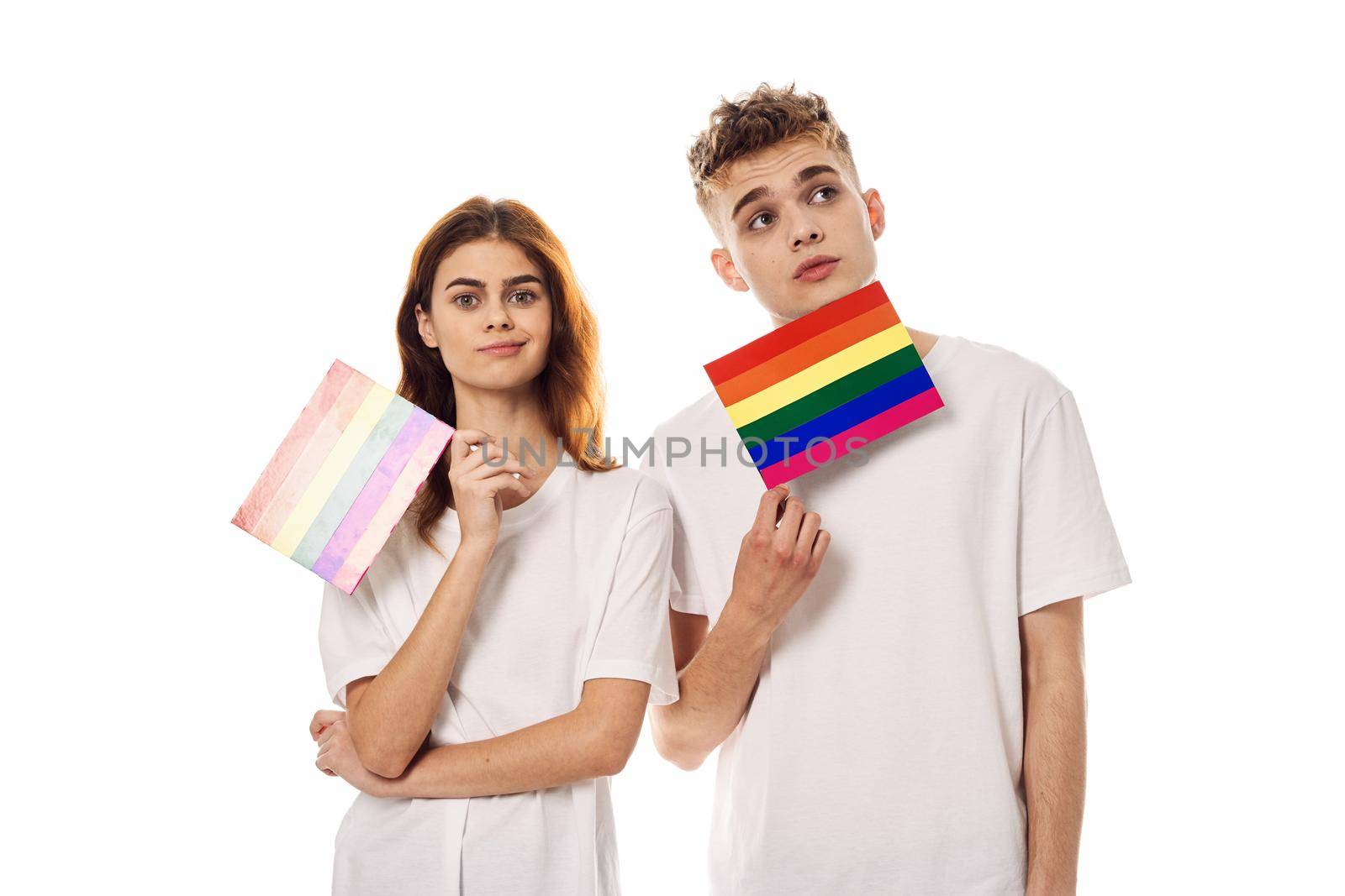 boyfriend and girlfriend lgbt flag transgender community friendship. High quality photo