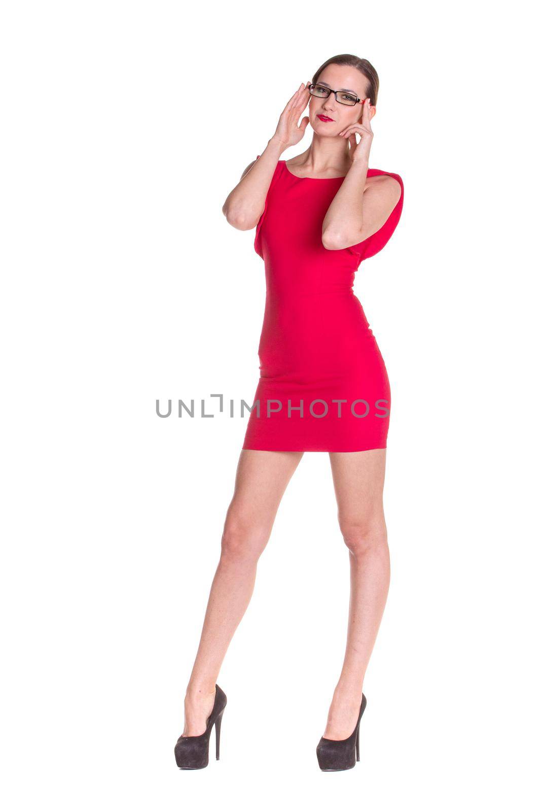 Lady in red posing with glasses, isolated on white
