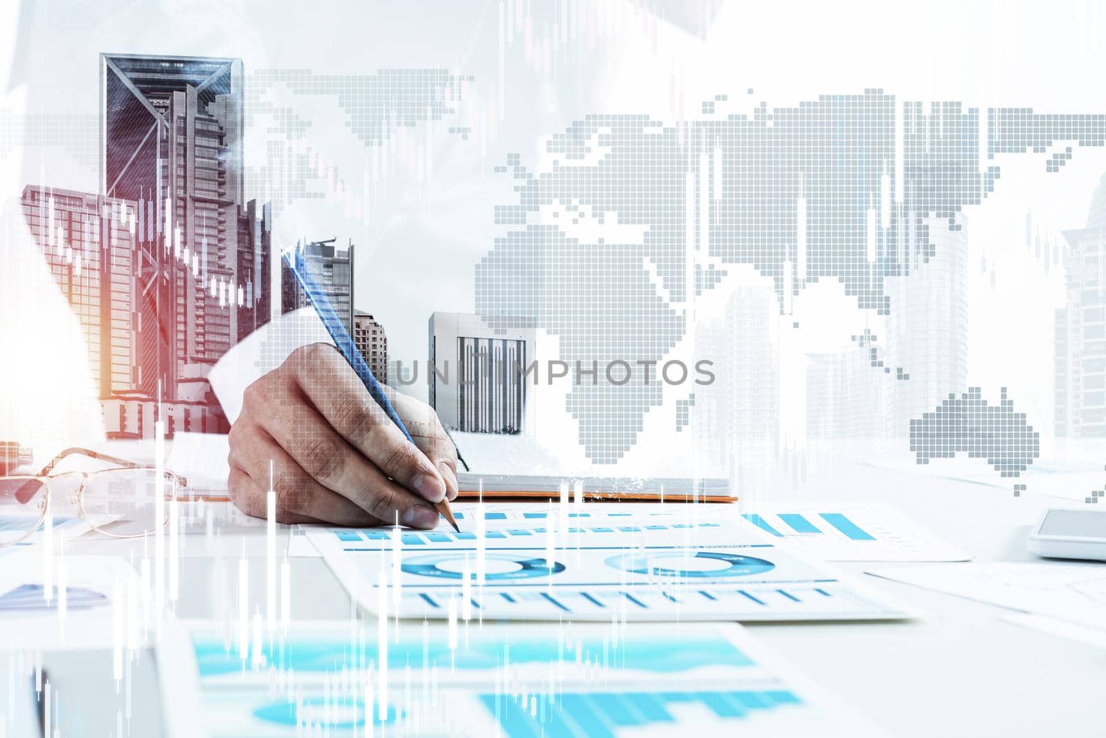 Businessman standing near office desk and analyzing financial charts. Successful corporate manager in business suit and tie. Close-up man hand with pen. Entrepreneurship double exposure concept.