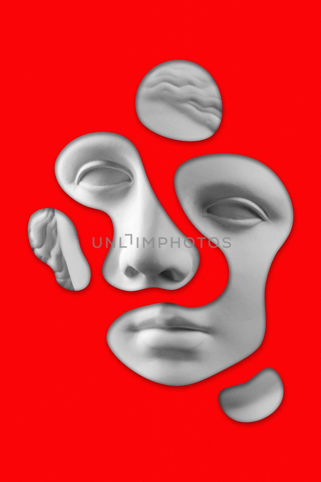 Surreal collage with antique sculpture of woman face in a pop art style. Modern creative concept image with ancient statue head on a red. Contemporary art poster. Funky retro minimalism. Zine culture.
