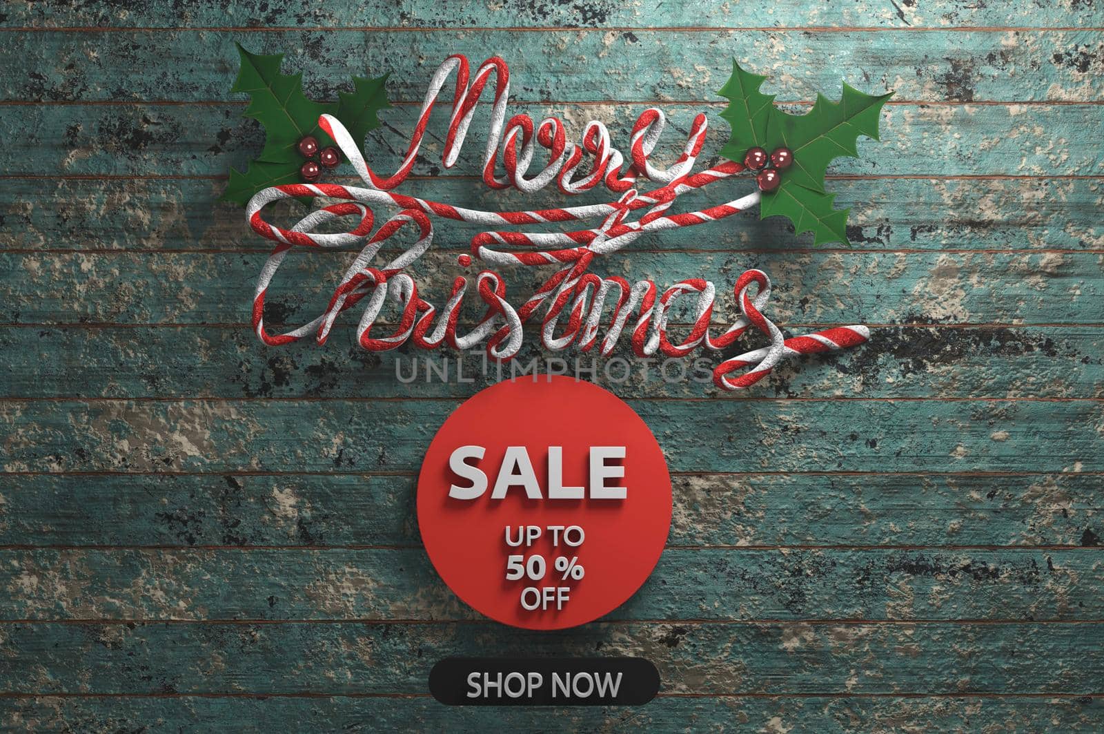 Christmas Sale Promotion Template . 3d illustration.Merry Christmas text over wooden background.
