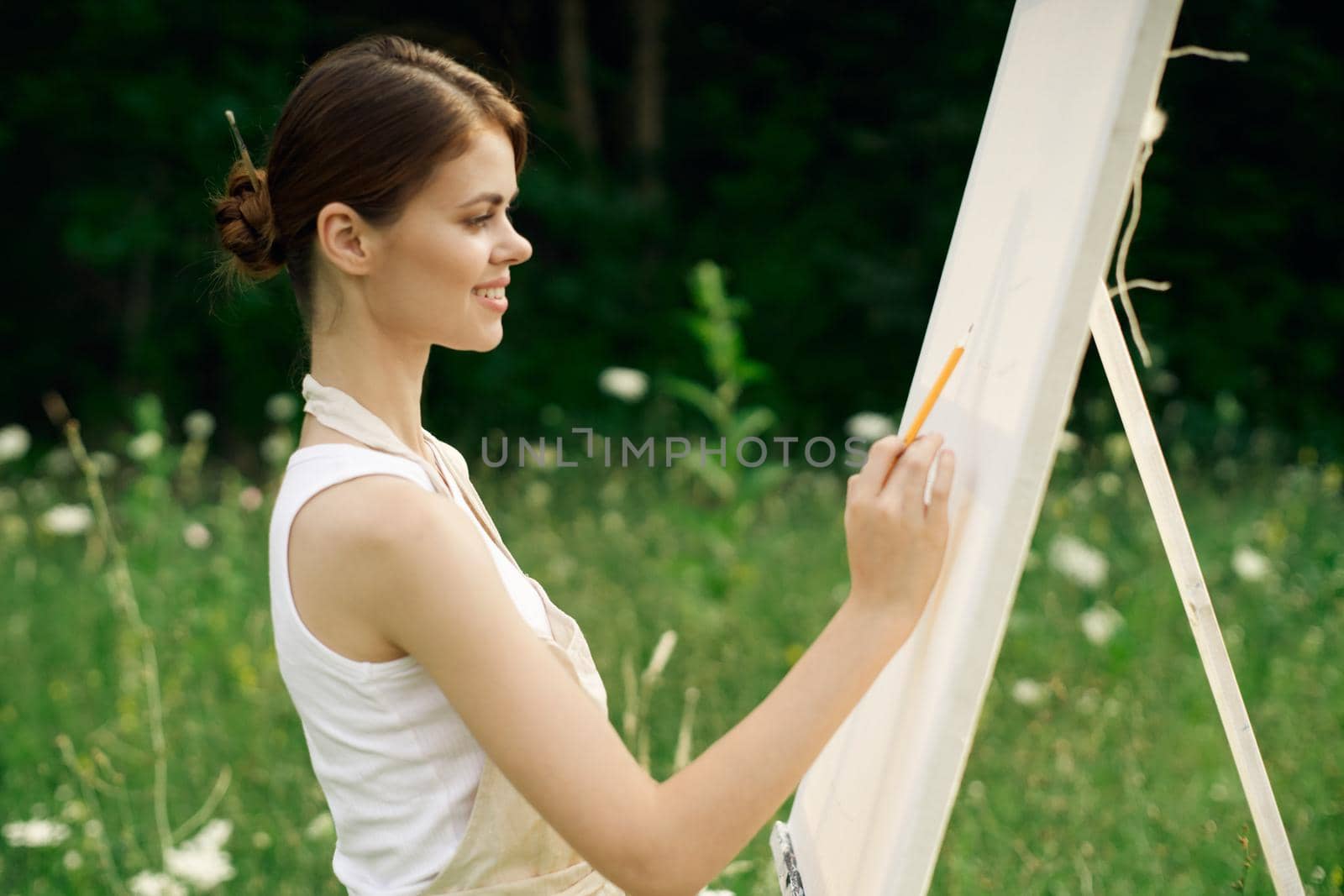 woman artist art drawing nature landscape hobby. High quality photo