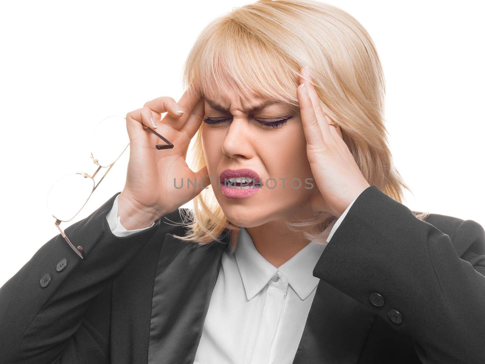 Woman having headache. Isolated on white background. Businesswoman standing with pain isolated on studio background. Female close up portrait. Human emotions, facial expression concept.