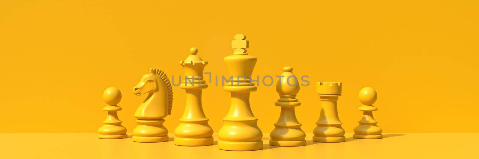 Yellow chess pieces 3D rendering illustration isolated on yellow background