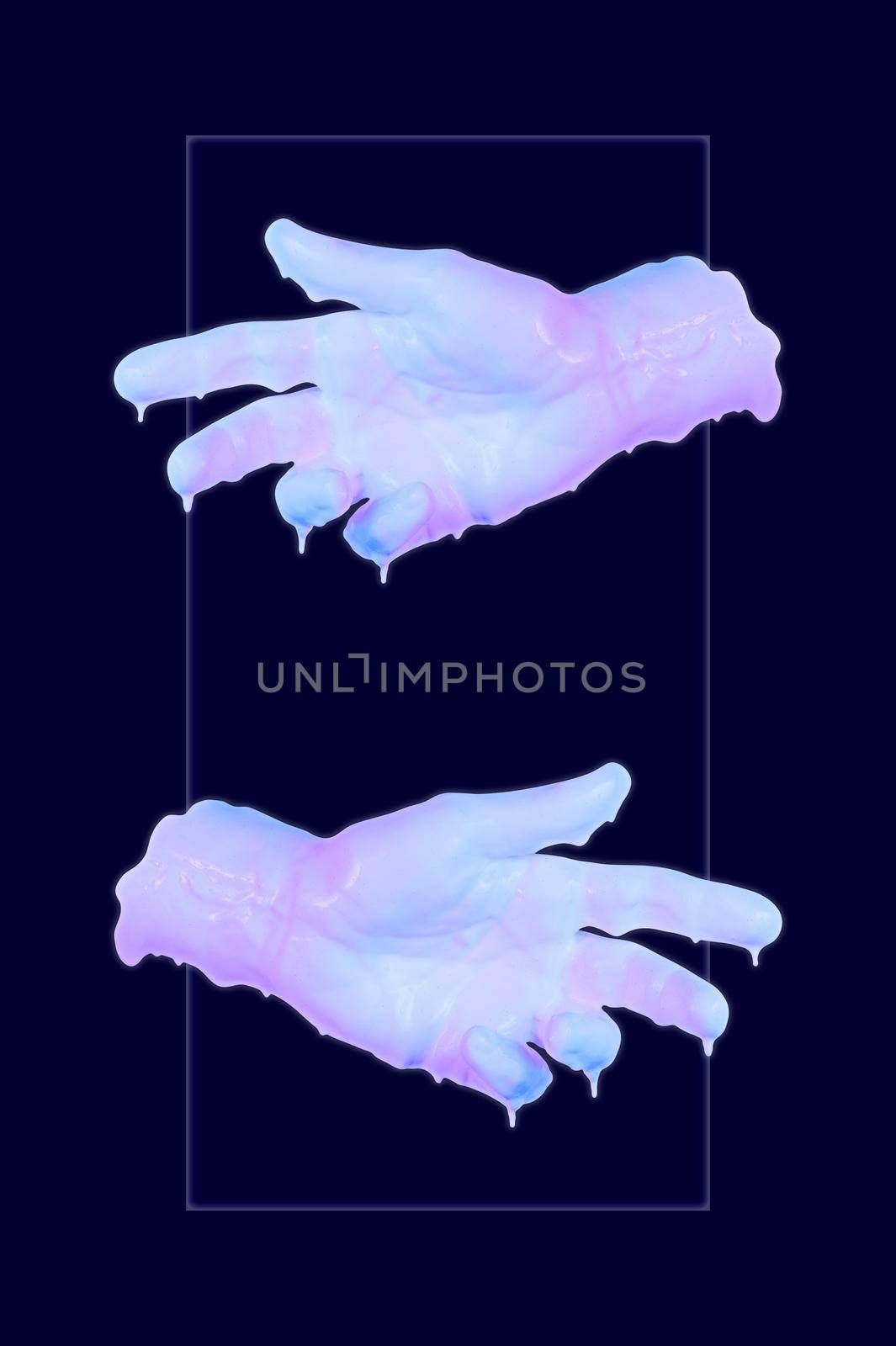 Human fingers dipped in color paint. Painted hands. Liquid drips off palms. Gesture. Contemporary art collage. Abstract surreal pop art style. Modern concept image. Funky minimalism. Zine culture.