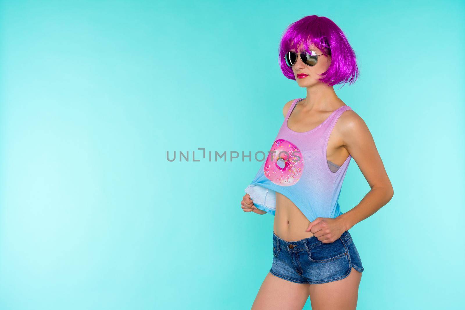 Portrait of young transgender woman in pink wig and sunglasses by zartarn