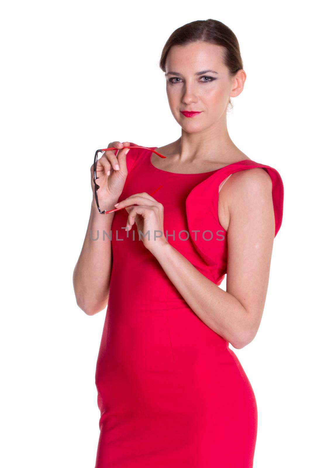 Beautiful woman in red dress with beautiful body hold the red glasses