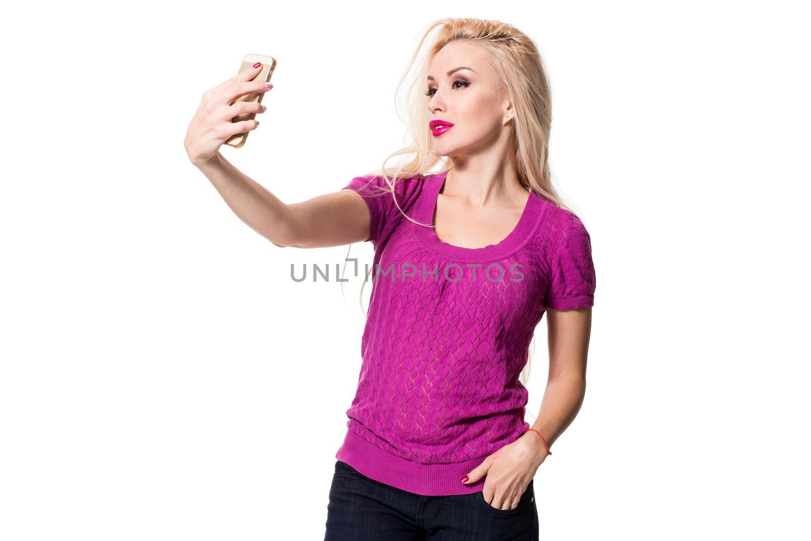 blonde doing selfie on isolated white background by nazarovsergey
