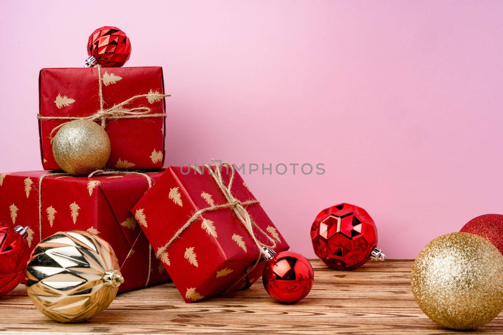 Beautiful wrapped red git boxes for Christmas celebration