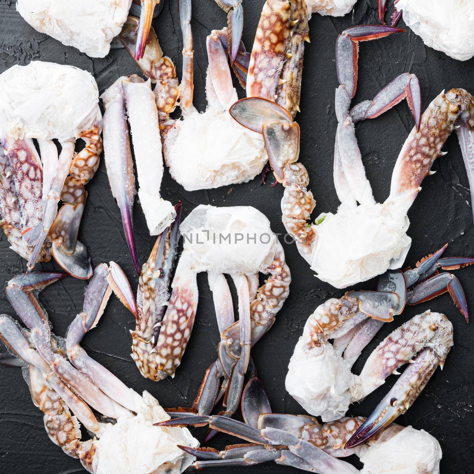 Frozen raw blue swimming crab claws, on black background, top view flat lay by Ilianesolenyi