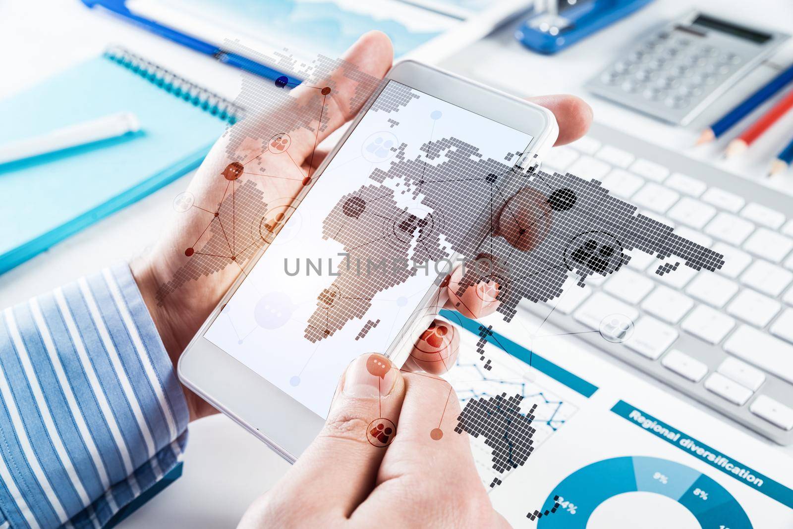 Men's hands hold a mobile phone. Social media concept