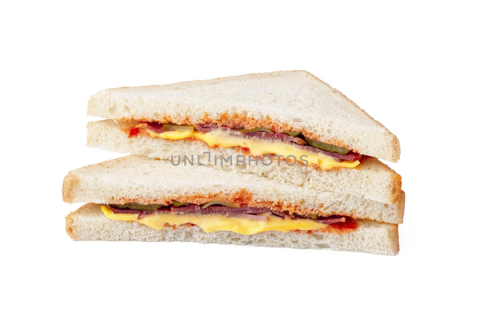 Grilled club sandwich isolated on white background, close up