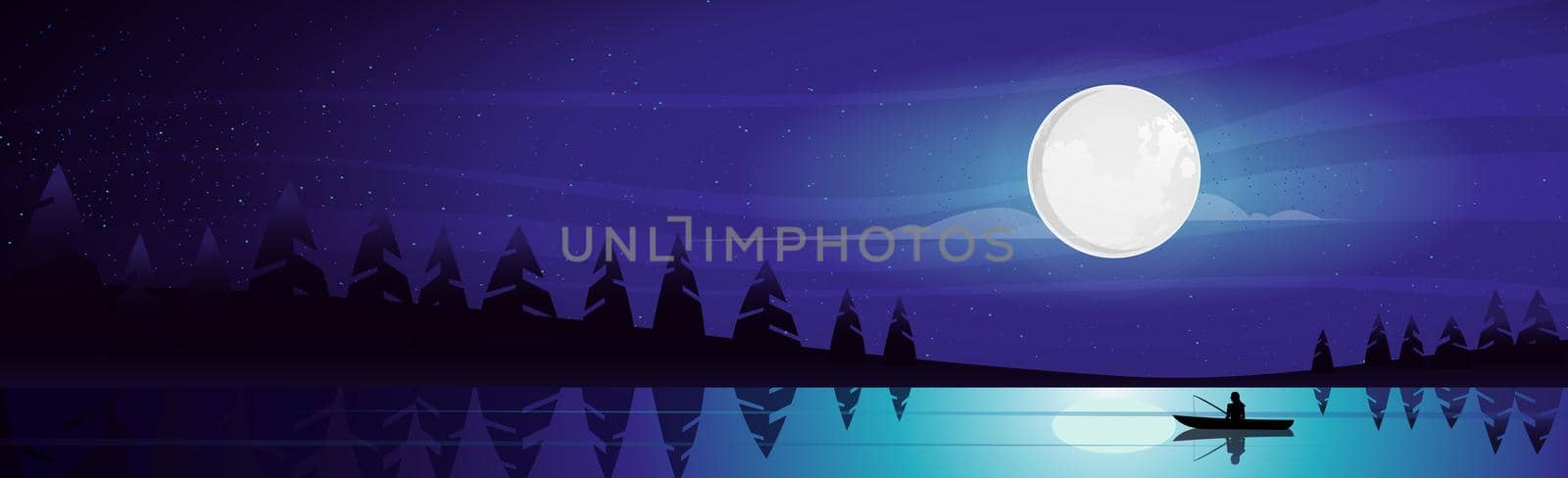 Mountain landscape, shining moon over night mountain lake - illustration