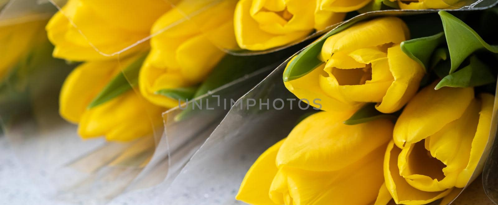 Bouquets yellow tulips on white marble background. Spring holiday concept by Olayola