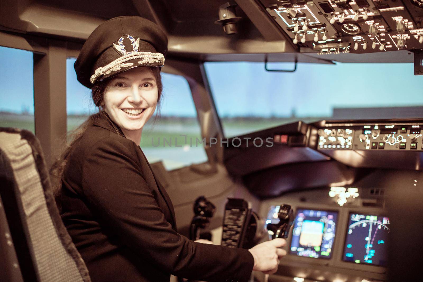 Beautiful woman pilot wearing uniform with epaulets, hat with golden wings sitting inside airliner. Girl looking at camera