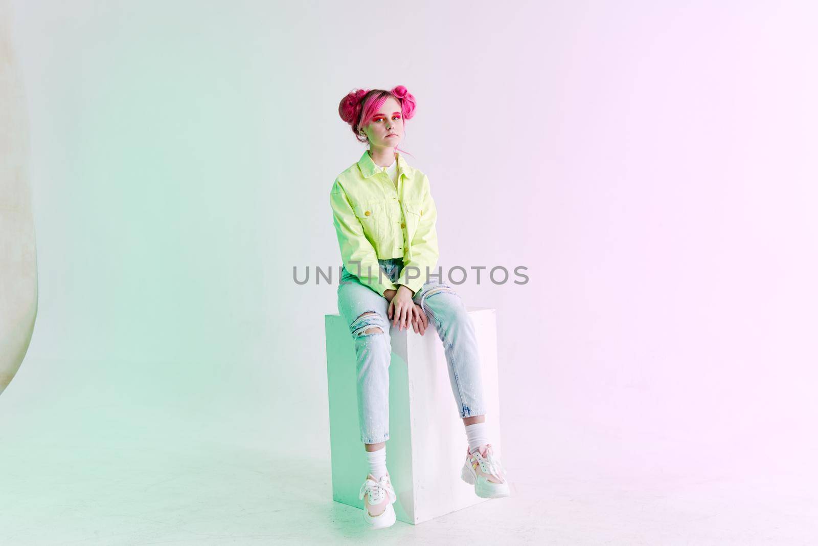 fashionable woman pink hair posing fashion clothes lifestyle fun design. High quality photo