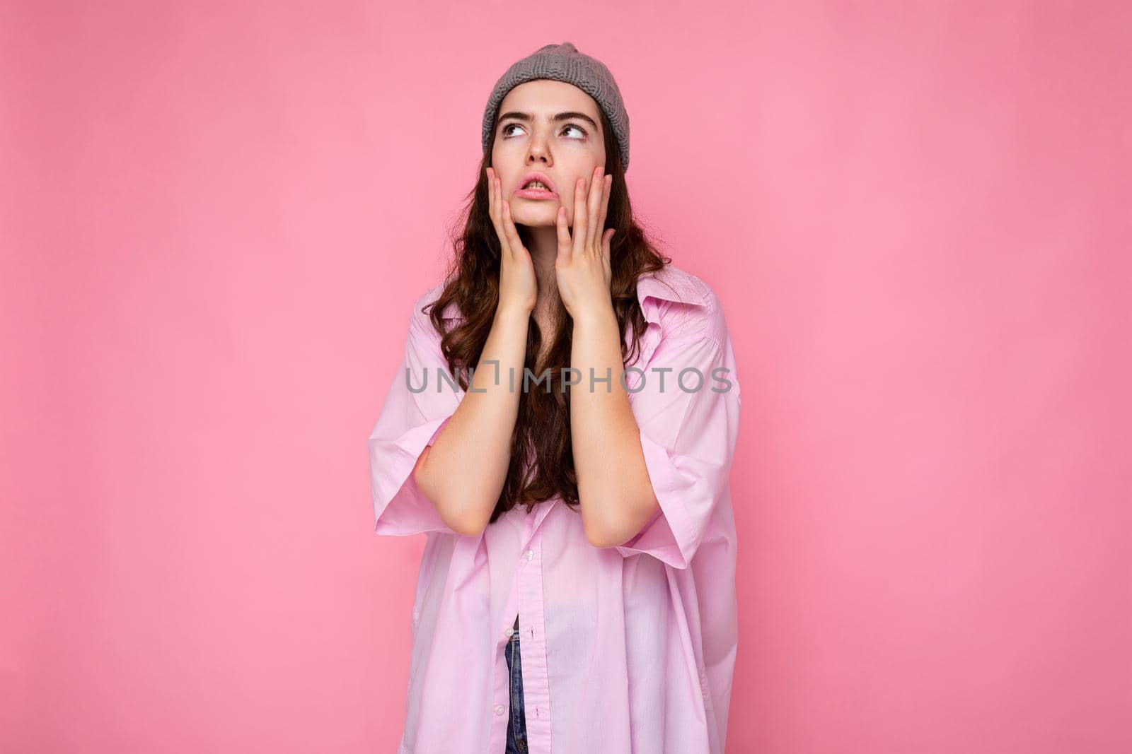 Photo of nice attractive lovely cute winsome tired brown-haired woman wearing casual outfit isolated on colorful background with empty space.