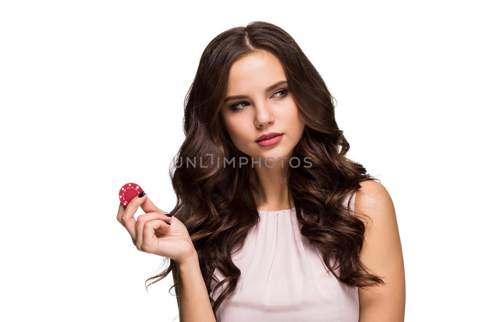 Sexy curly hair brunette posing with chips in her hands, poker concept isolation on white background Casino, poker, Roulette Blackjack Spin. Big win emotions