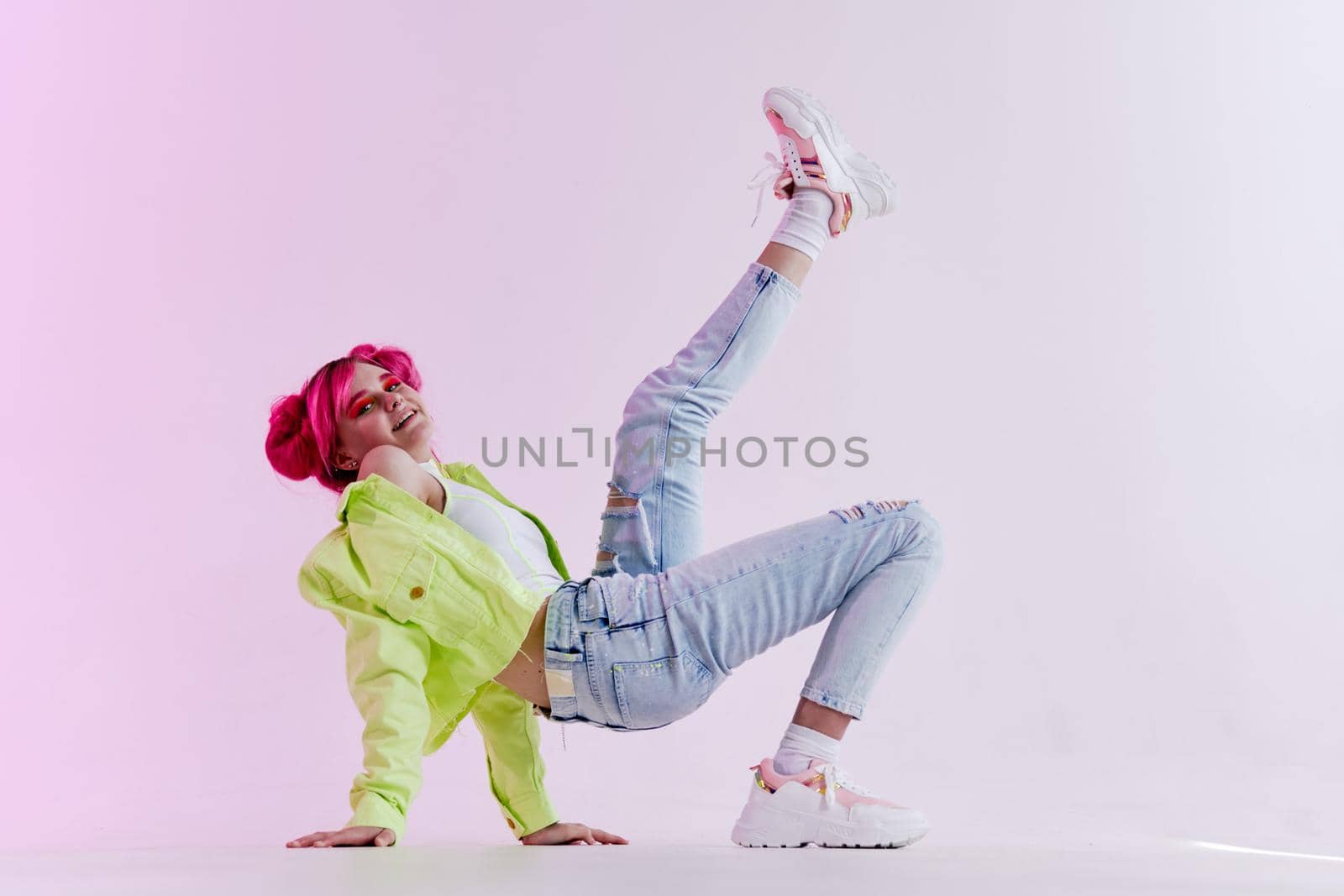 fashionable woman pink hair posing fashion clothes lifestyle fun design by Vichizh