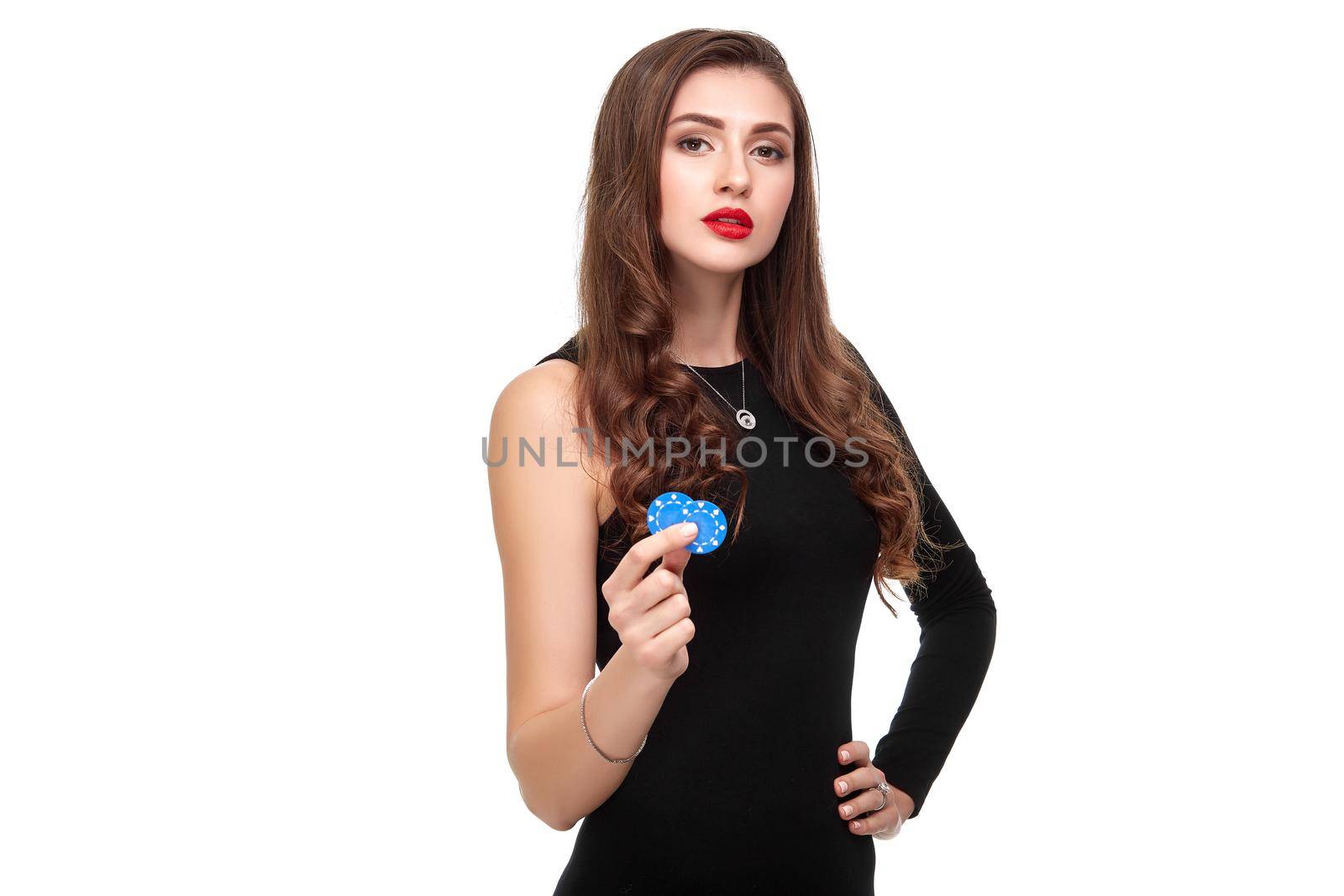 Sexy curly hair brunette posing with chips in her hands, poker concept isolation on white background by nazarovsergey