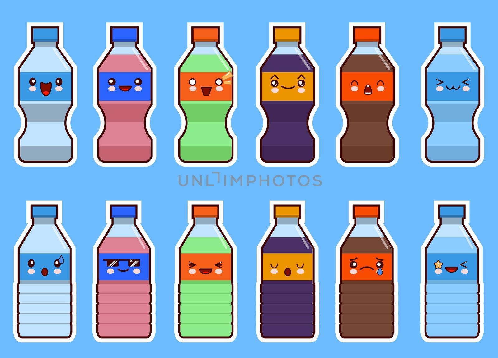 Set of kawaii bottle of soda and water. Flat design by Alxyzt