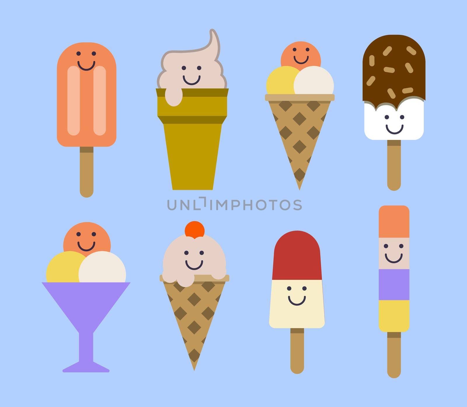 Ice cream set. Smiley face illustration on blue background