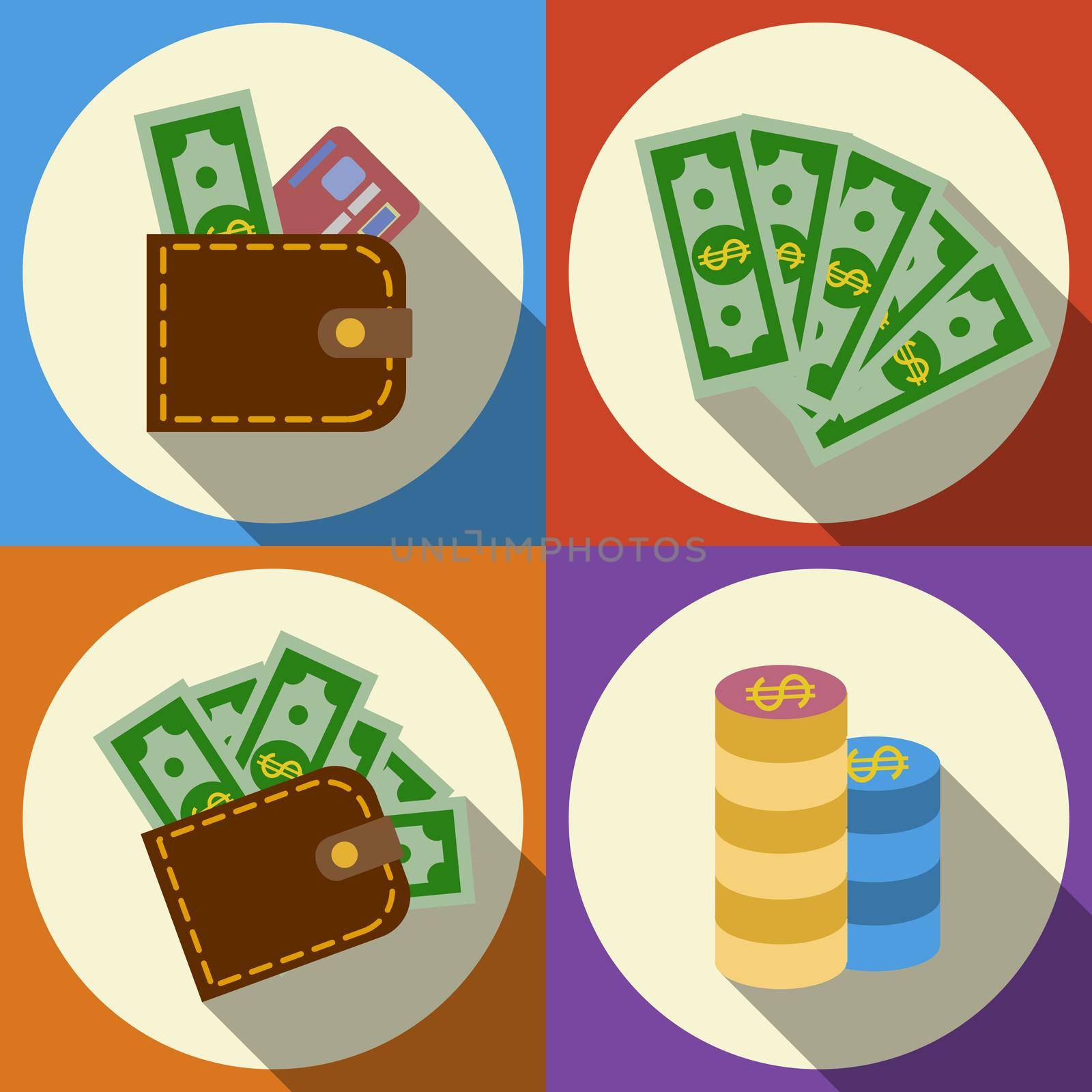 Finance and money icon set with long shadow. Ilustration