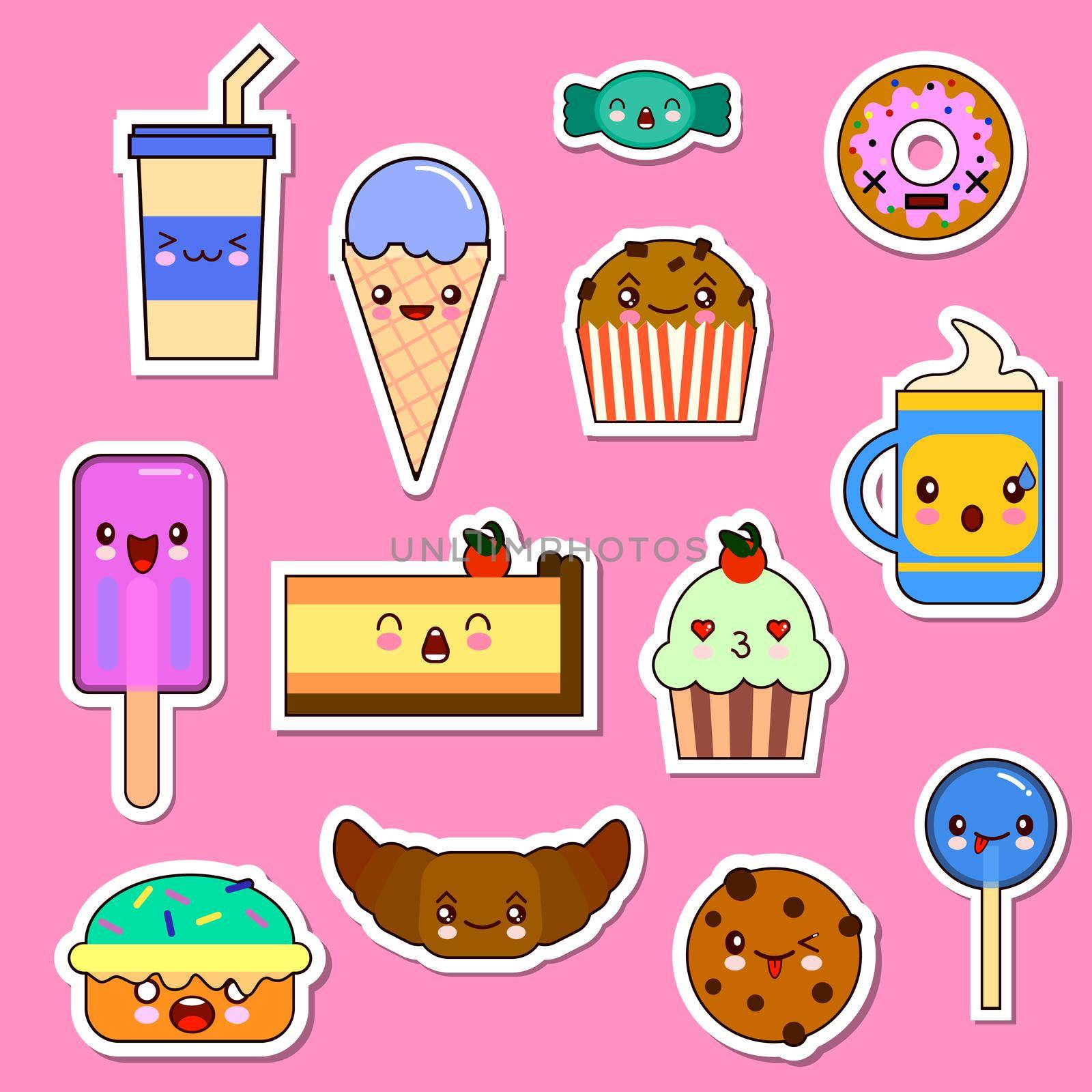 set of Kawaii food characters. sweets and candies emoticon stickers by Alxyzt