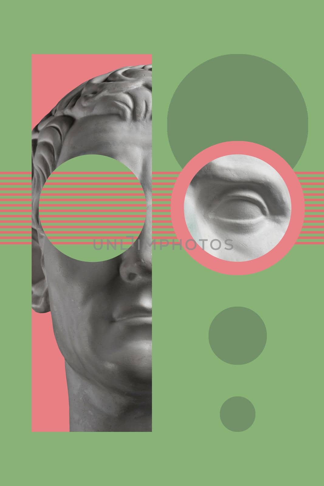 Collage with plaster antique sculpture of human face in a pop art style. Modern creative concept image with ancient statue head. Zine culture. Contemporary art poster. Funky minimalism. Retro design. by bashta