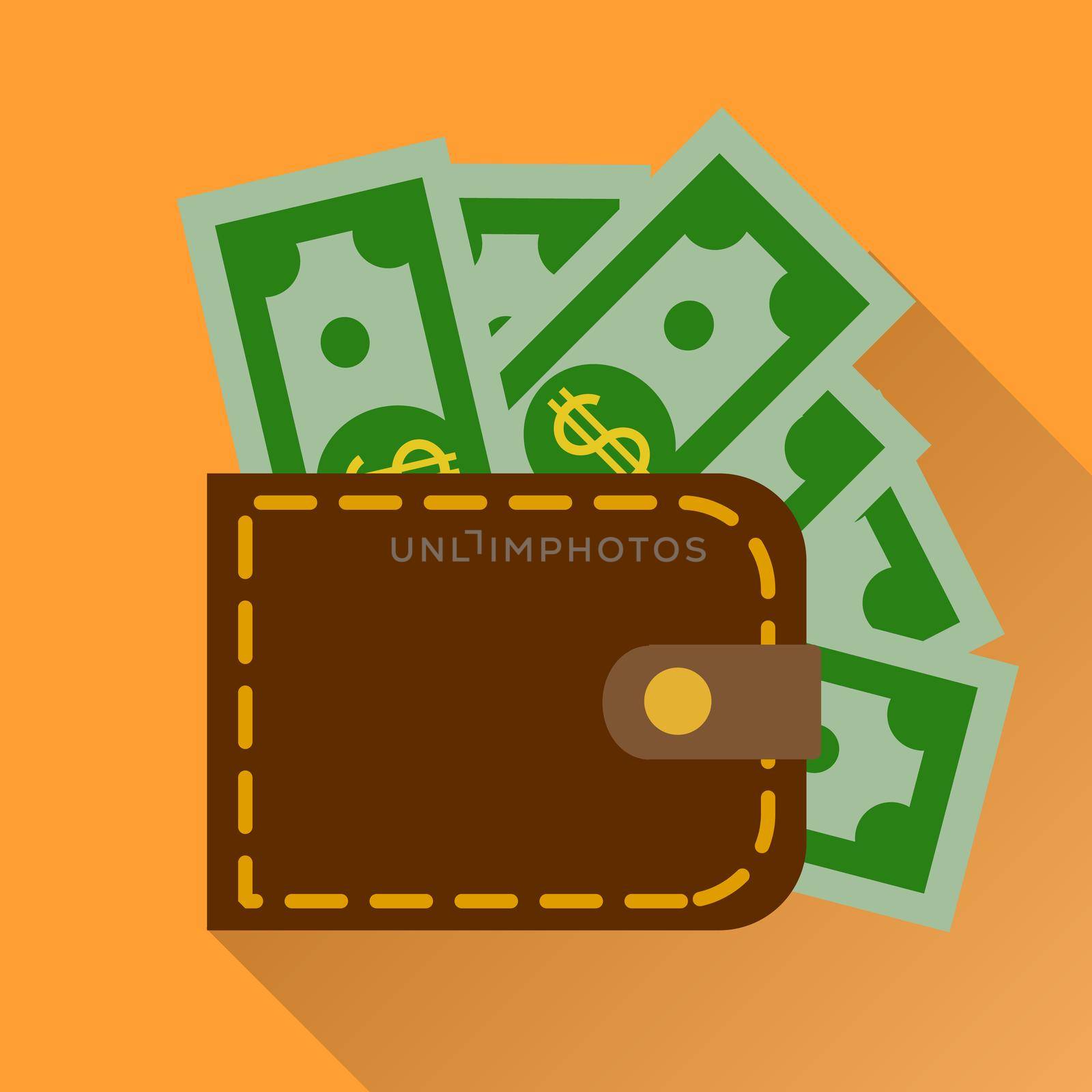 Flat wallet with cash. illustration, icon with long shadow. by Alxyzt