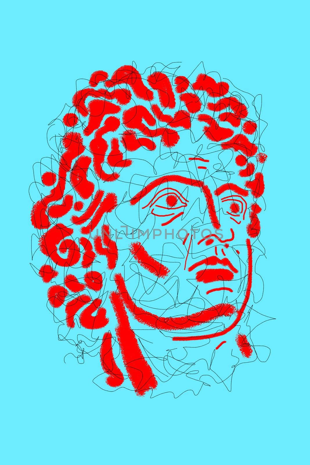 Line drawing of surreal face. Modern art creative concept image with ancient statue head. Crazy contemporary drawing in modern cubism style. Funky retro minimalist. Pop art poster. Zine culture.