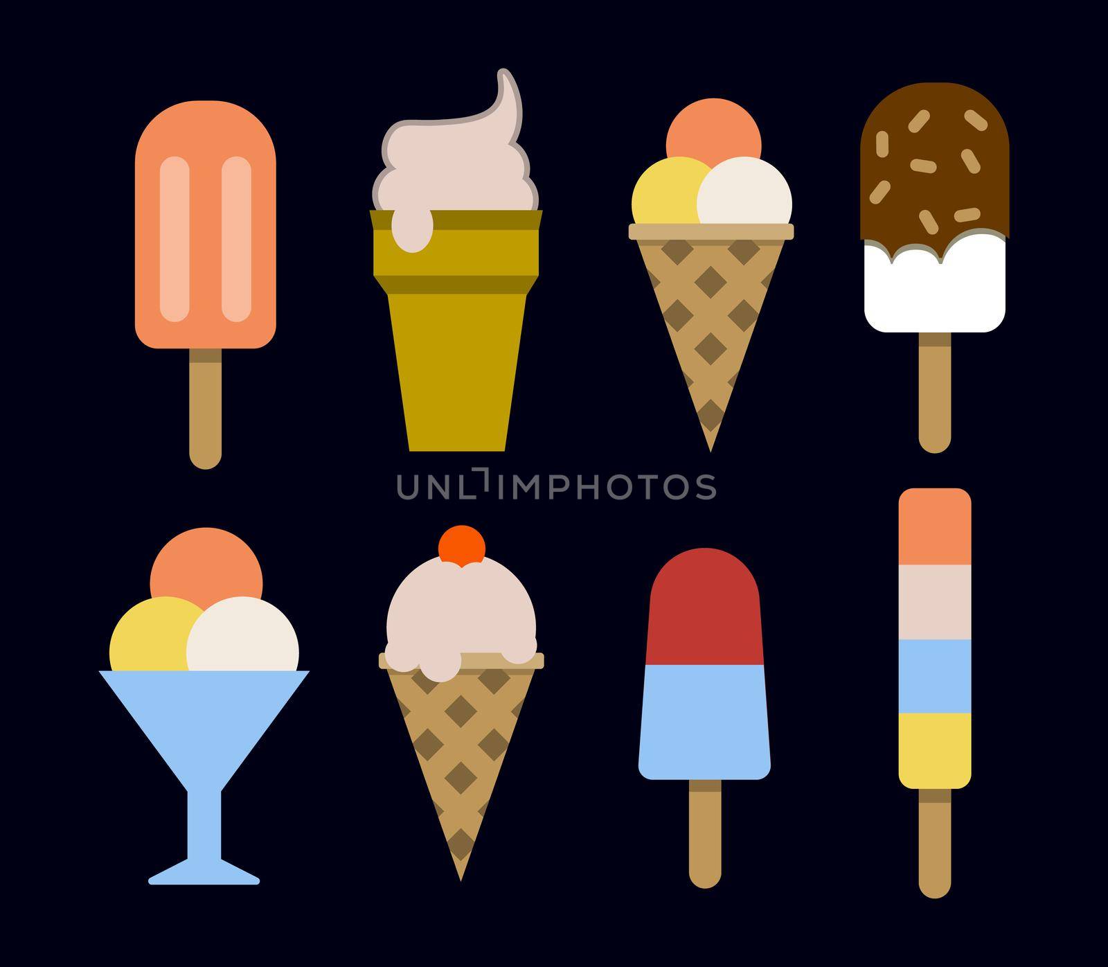 Set of ice creams and popsicles. isolated on black illustrations
