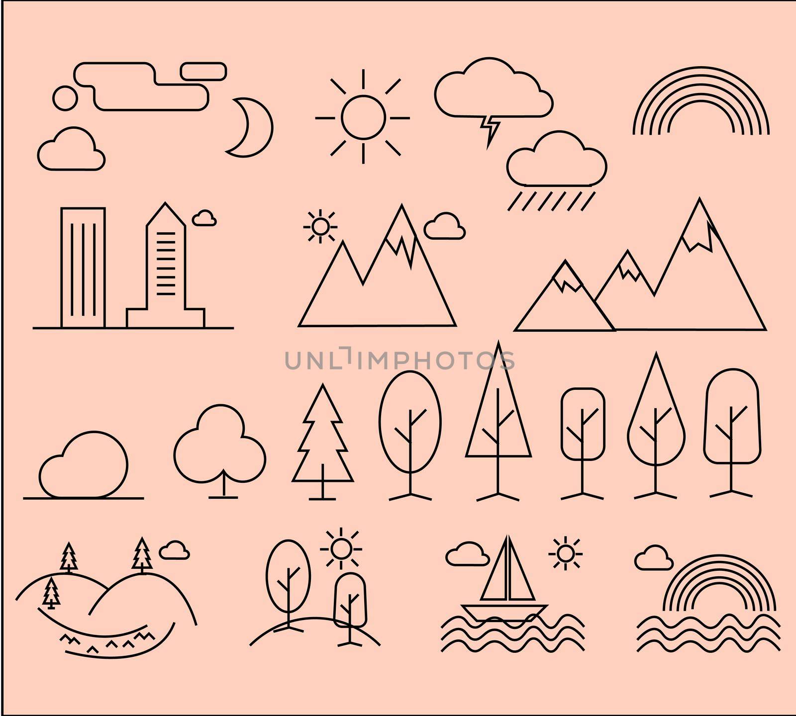 Set of linear icons of city landscape elements. Thin icons for web, mobile, print design. Illustration