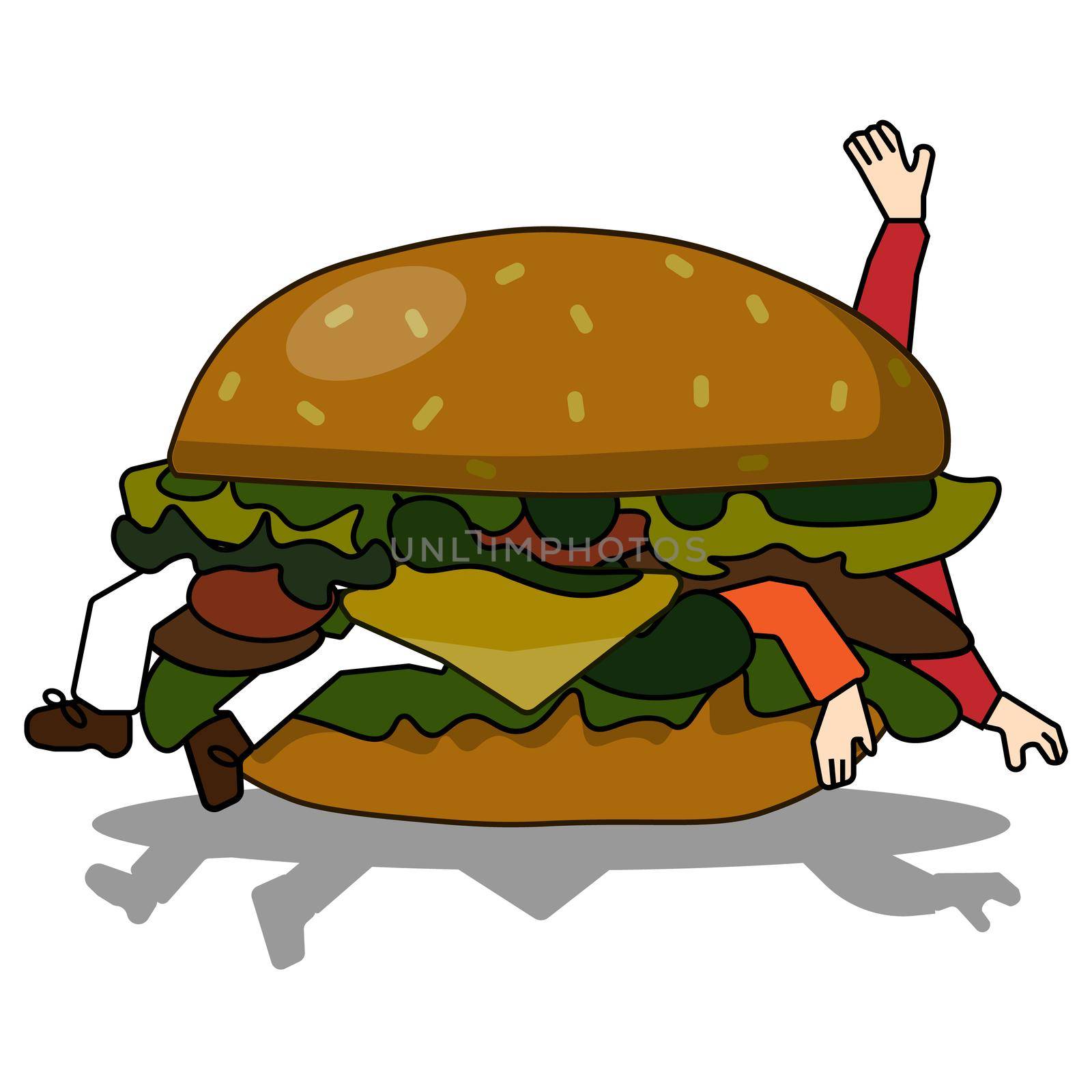 bad burger eating people illustration in flat style.