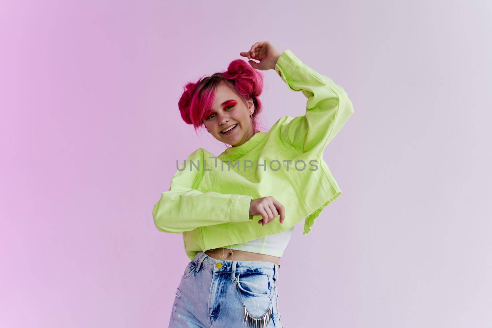 pretty woman bright makeup posing poster stylish clothing Acid style design by Vichizh