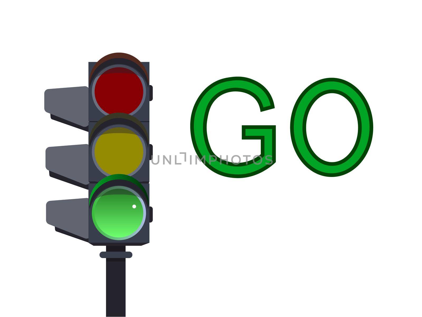 Green traffic light on white background . Go illustration
