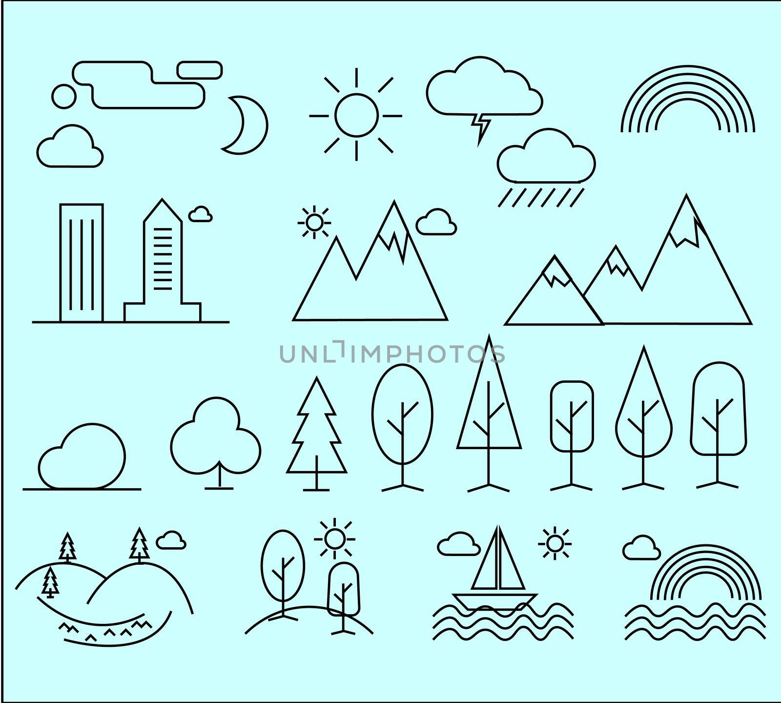 Landscape icons, thin line style, flat design by Alxyzt