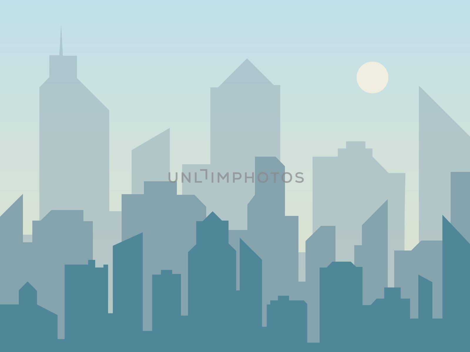 Morning city skyline silhouette in flat style. Modern urban landscape. Cityscape backgrounds. by Alxyzt