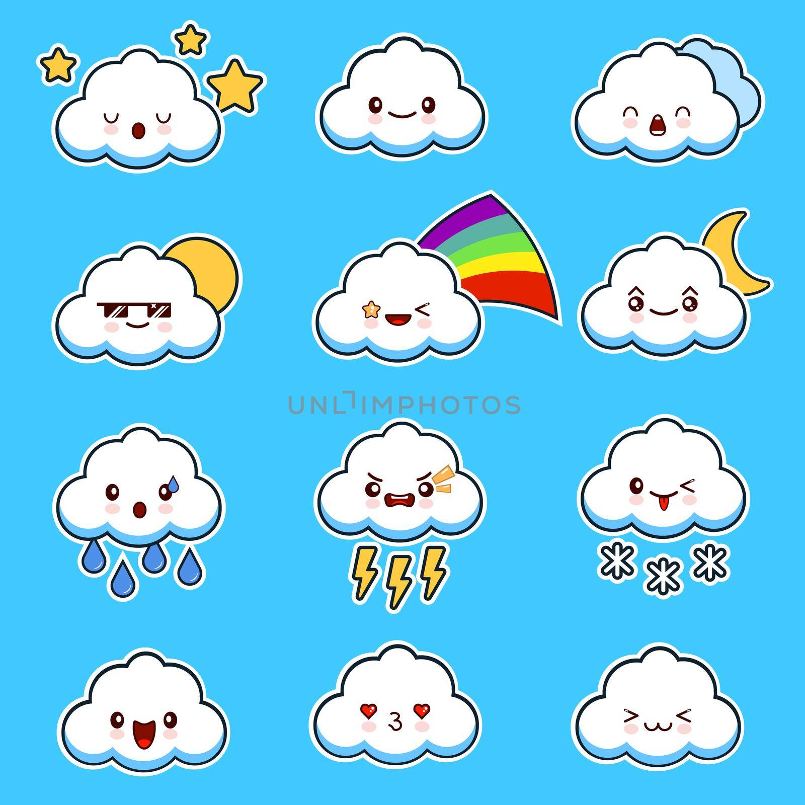 Emoji clouds . Cute smily clouds with faces set. Cartoon funny emoticon. by Alxyzt