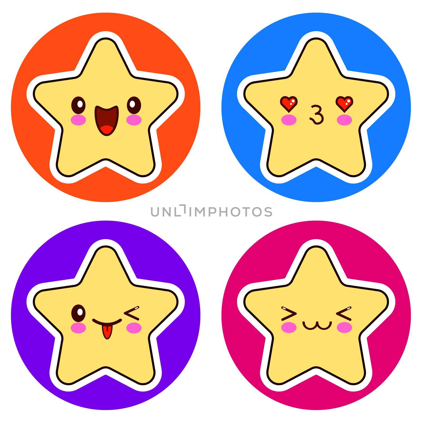 Set of cute Kawaii stars on different circle. illustration