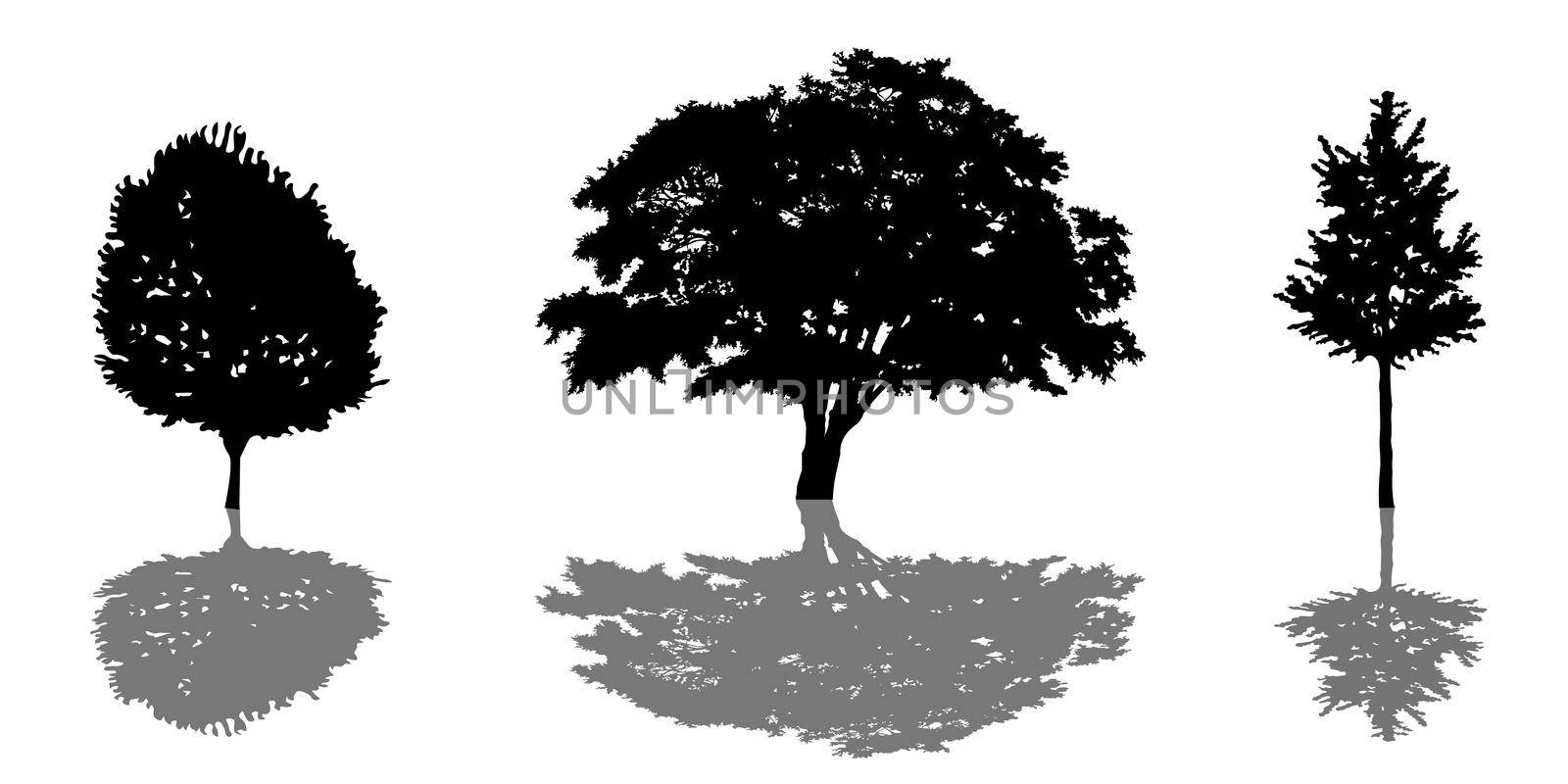 Tree silhouette icon set with shadow. illustration eps