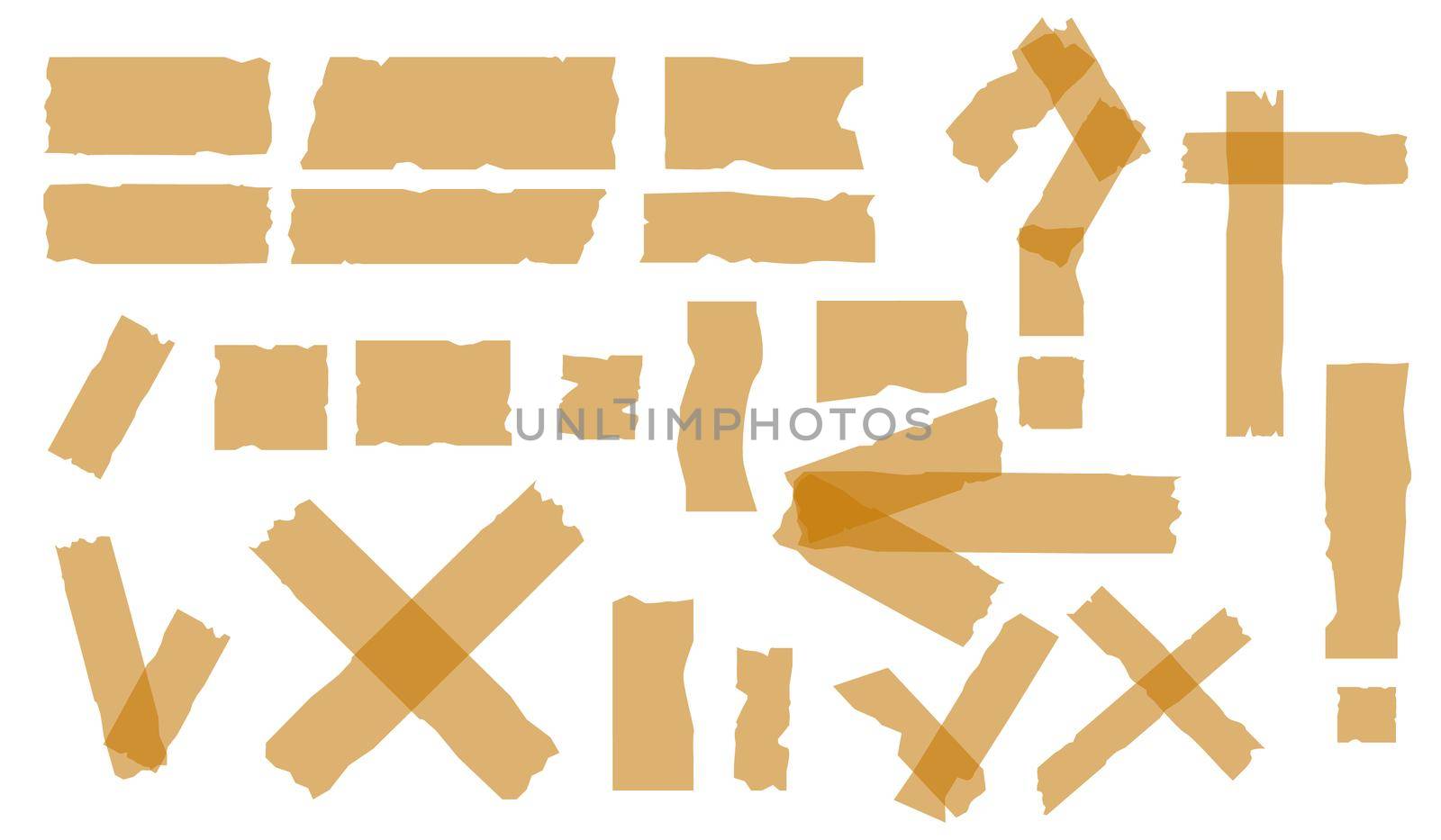 Adhesive tapes. Sticky glue scotch tape piece isolated on white background. Sticker question and exclamation. Illustration