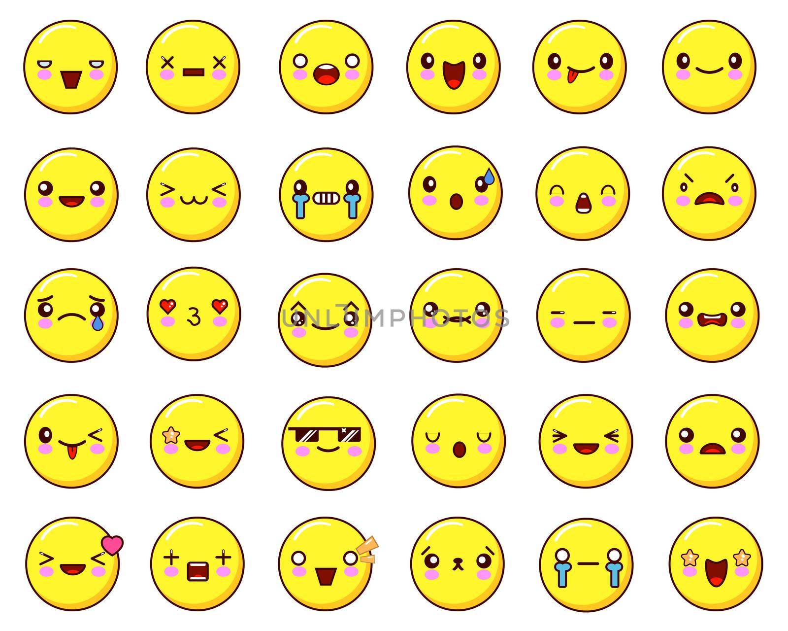 Big emotional face icons set kawaii.Flat design Illustration